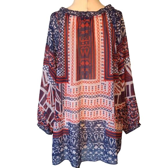 ONE WORLD Red White Blue Patriotic Sheer Blouse Tie Plus 1X - Picture 2 of 7